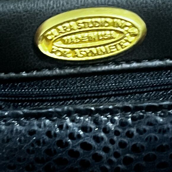 Clara Studio for Asymmetry Vtg Black Lizard Embossed Leather Bag 24K Gold Handle - Picture 9 of 16